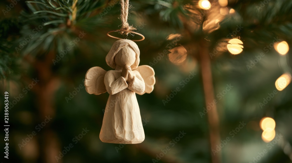 Fototapeta premium Wooden Angel Ornament Praying On A Christmas Tree Branch. AI Generated Image