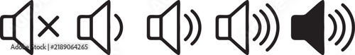 Фотография Black volume control speaker icons showing muted to maximum sound levels