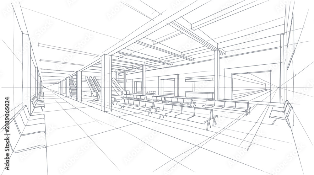 Fototapeta premium Architectural Sketch of a Modern Waiting Area.
