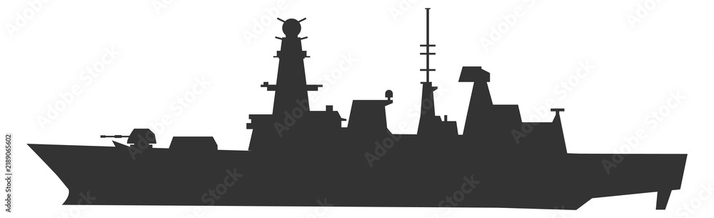 Obraz premium Warship black silhouette. Destroyer ship. Navy force logo