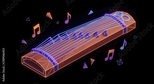 Guzheng instrument illustration with neon outline and musical notes