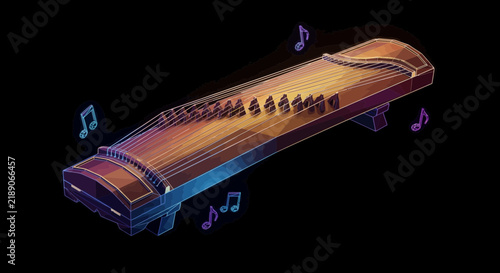 Guzheng Music Instrument with Glowing Notes on Black Background