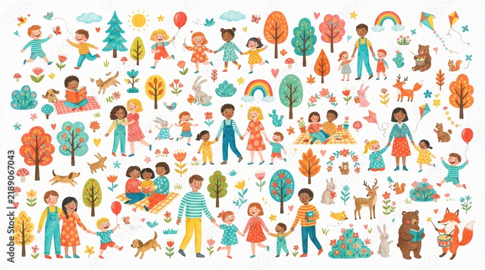 Fototapeta premium Watercolor Happy Family and Outdoor Kids Activities Clip Art Set on White Background