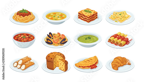 Bild auf Leinwand Traditional Italian food and mediterranean cuisine dishes set with spaghetti las