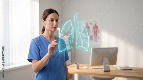 Female doctor analyzing 3D holographic lung model with highlighted red nodule in clinic