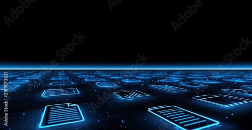 Digital information files arranged on a dark, glowing network