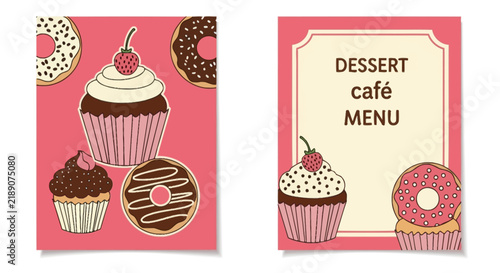 Colorful dessert menu with cupcakes donuts.
