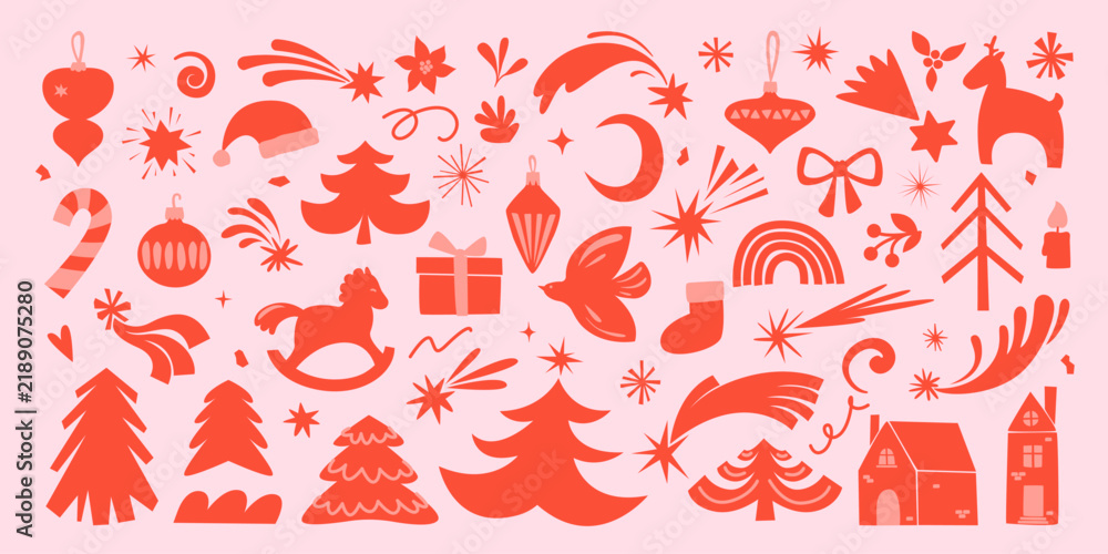 Obraz premium Hand-drawn vintage, retro style Christmas icon set. Christmas design elements, decorations, trees, stars, snowflakes, baubles, toys, gifts and houses. Red and pink winter holiday isolated elements