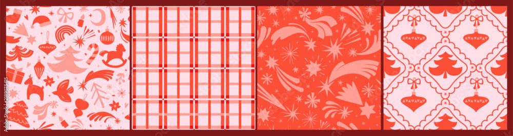Obraz premium Hand-drawn vintage, retro style Christmas seamless pattern set. Christmas design elements, decorations, trees, stars, snowflakes, baubles, toys, gifts and houses. Endless repeat background, wallpaper.
