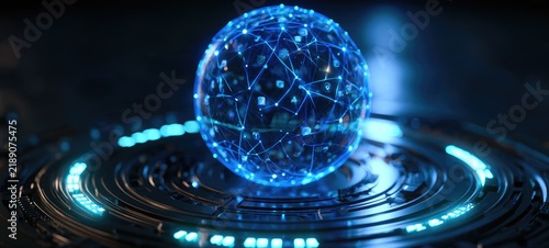 Glowing abstract sphere with connected nodes rests on a futuristic platform