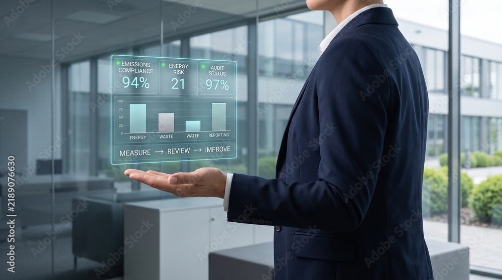 Fototapeta premium A professional businessman interacting with a futuristic holographic data interface display inside a modern corporate office building environment setting