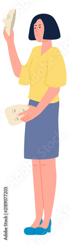 Woman hide emotional problem behind mask. Imposter or liar