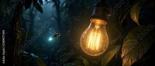 Tiny Insects Flying Around Glowing Edison Light Bulb At Night