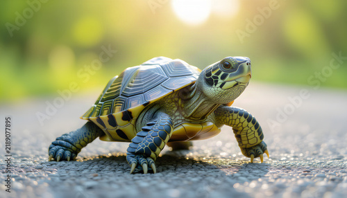 Close-Up View Of Small Turtle Crawling On Gravel Path In Sunlight