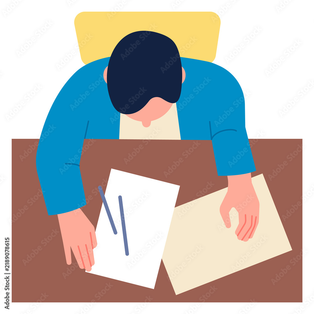 Naklejka premium Man working at paper document on table top view
