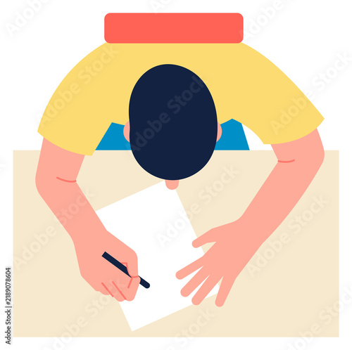 Man writing paper document. Person top view