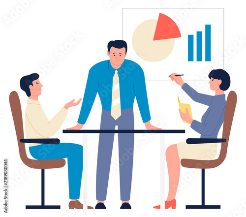 Bussiness meeting. Colleagues discussing financial statistics together