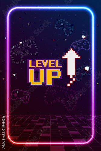 Level up. pixel art 8 bit. Retro Futurism Sci-Fi Background. glowing neon grid and stars from vintage arcade computer games. Vertical Backgrounds