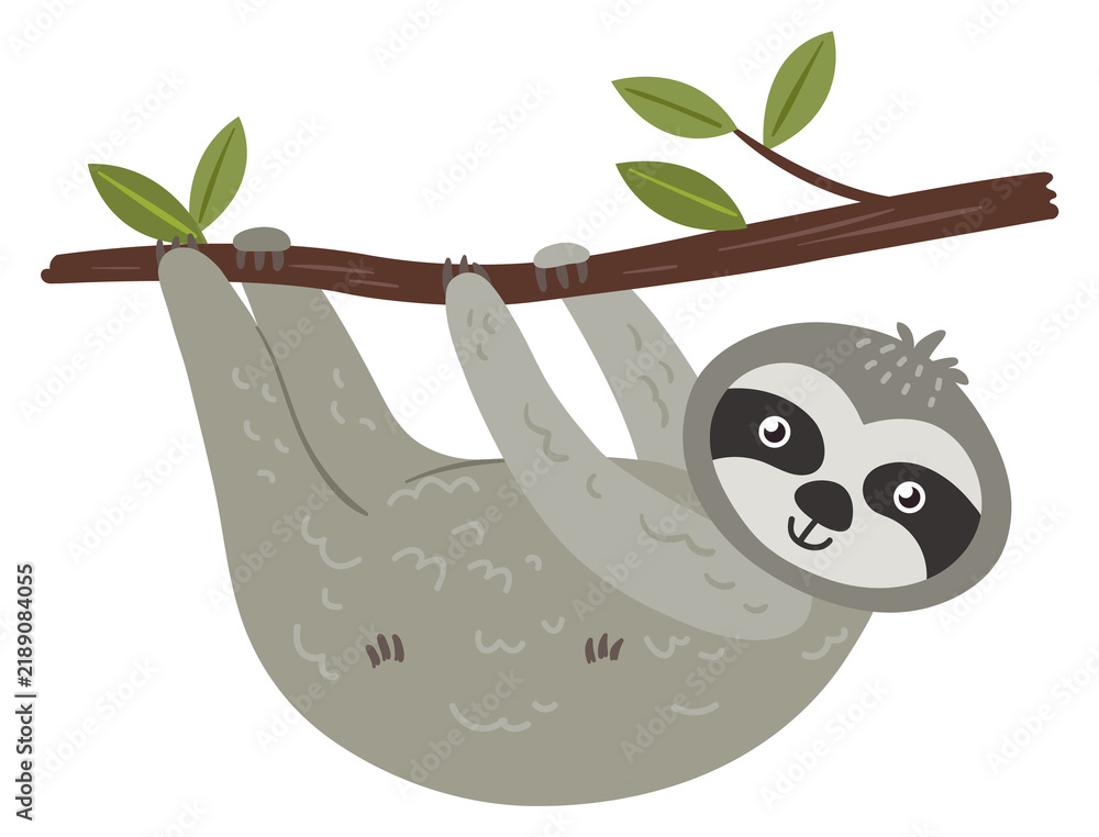 Fototapeta premium Cute sloth character. Tropical animal on tree branch