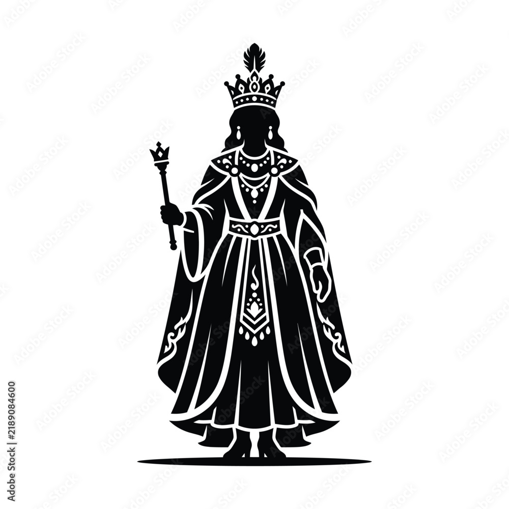 Obraz premium Silhouette of a regal queen figure wearing a crown and holding a scepter.