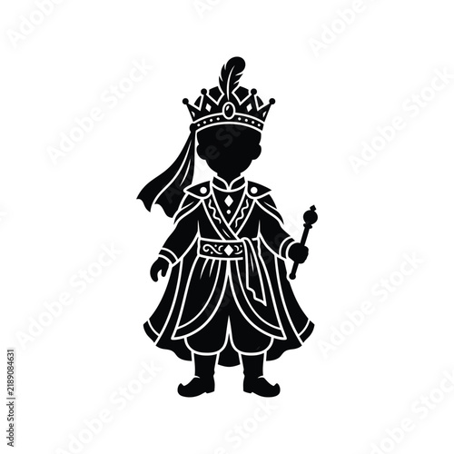 Silhouette of a young prince in regal attire holding a scepter.