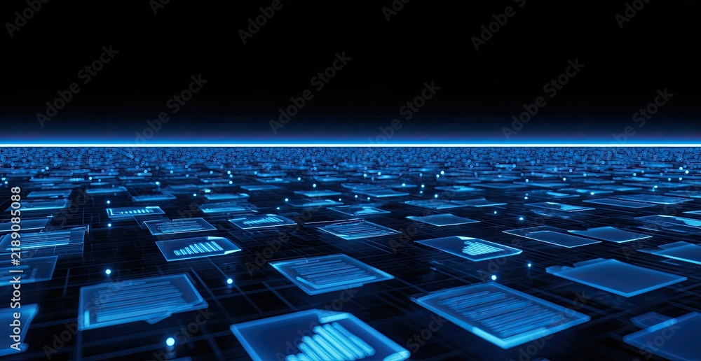 Fototapeta premium Digital data files arranged in a grid with glowing blue light