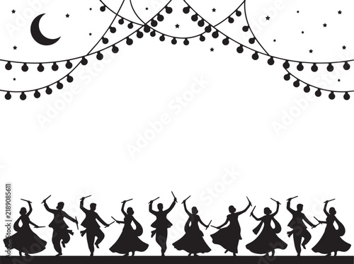 Black silhouette of people dancing traditional indian folk dance under hanging festive string lights and moon isolated on transparent background, Vector

