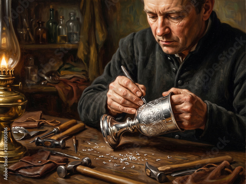 Skilled artisan meticulously engraving intricate floral patterns on a silver chalice in a traditional workshop lit by an oil lamp.