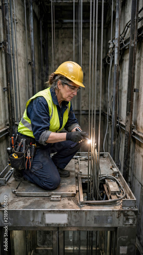 Female elevator technician inspecting steel cables from top of cabin inside elevator shaft
