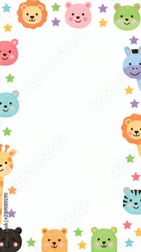 Cute animal faces and colorful stars border frame with happy expression