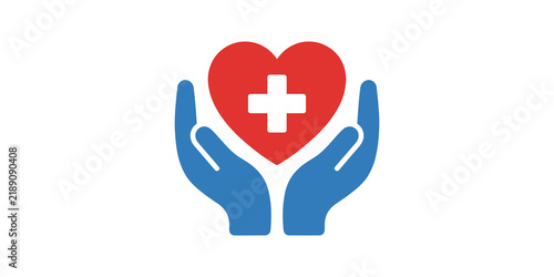 Heart with medical cross symbol icon red blue hands for healthcare care.
