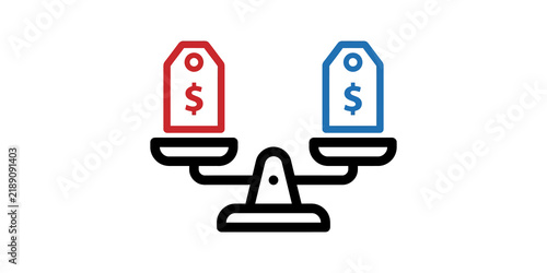 Scales with price tags for comparing costs and value.