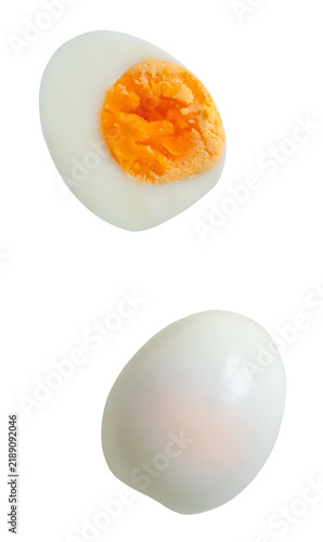 Top view set of cooked or boiled chicken eggs with egg yolk in  a half and a whole isolated with clipping path in png file format