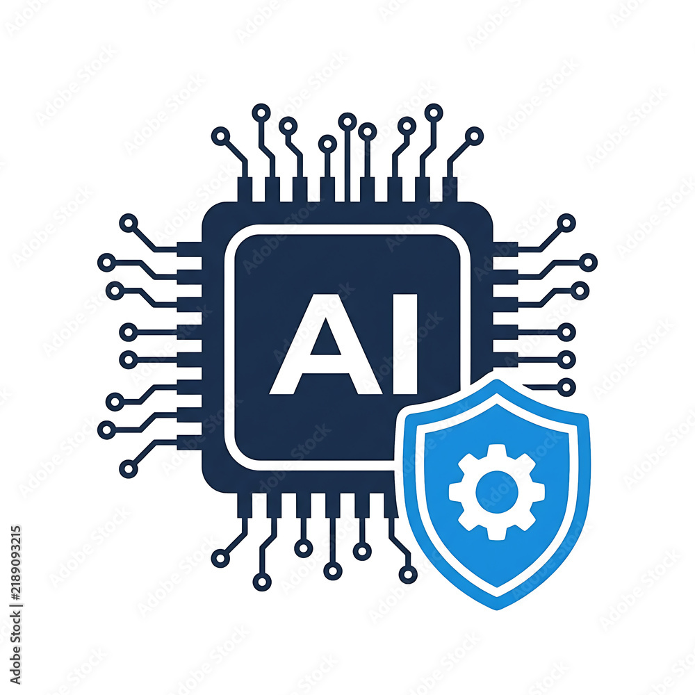 Fototapeta premium Artificial Intelligence Security Chip Icon with Shield and Gear