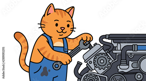 Orange cat mechanic repairing a car engine.