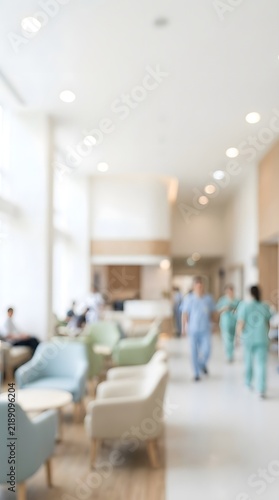 Blurred view of a modern hospital waiting room with medical staff walking.