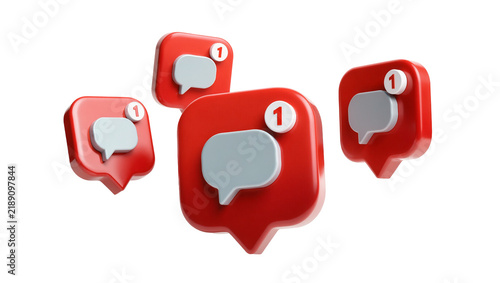 Red notification bubbles with chat icons and number one badges, isolated on transparent background