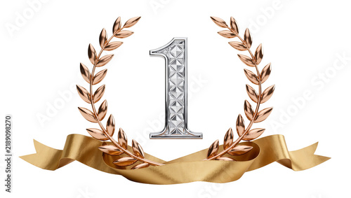 Silver number one emblem with bronze laurel wreath and gold ribbon, isolated on transparent background