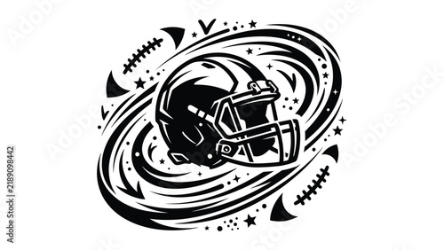 Dynamic Football Helmet Surrounded by Swirling Stars and Motion Lines