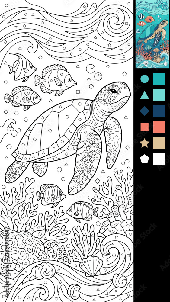Fototapeta premium Sea Turtle Color by Shape Educational Worksheet for Kids