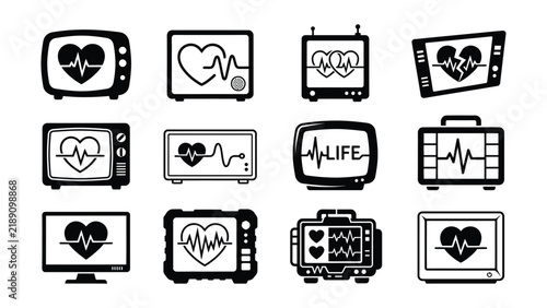 Medical electronic devices icons with heart and heartbeat line graphics