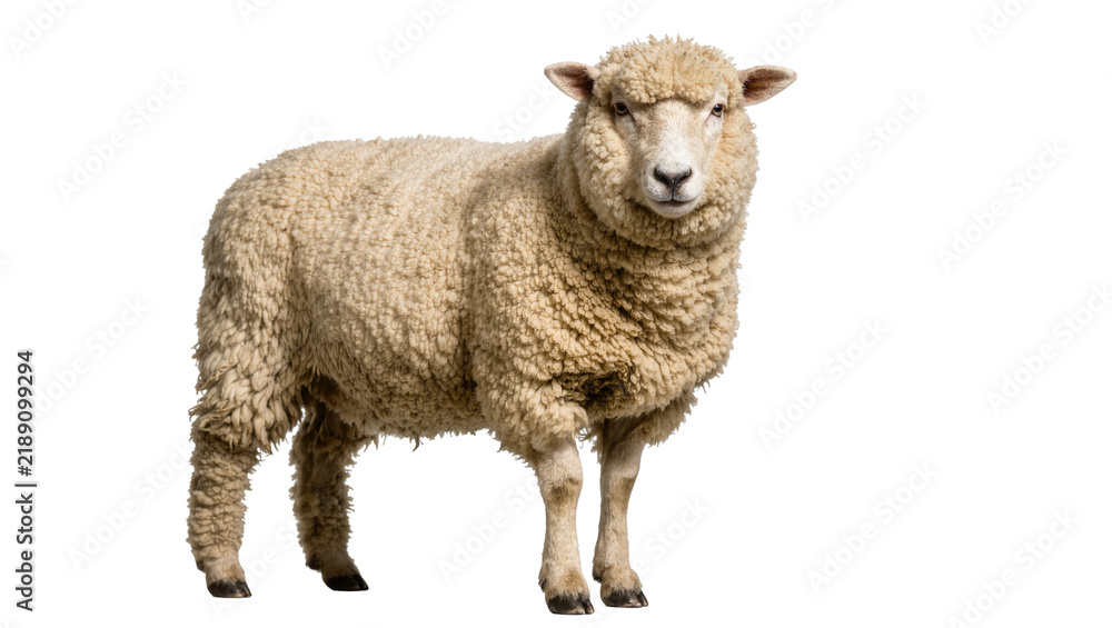 Fototapeta premium Fluffy sheep with thick wool standing and looking forward, isolated on transparent background