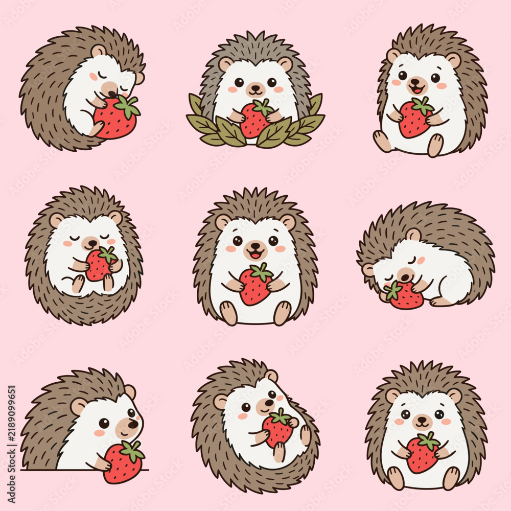 Obraz premium Cute cartoon hedgehog character set holding and eating sweet red strawberry fruit illustrations