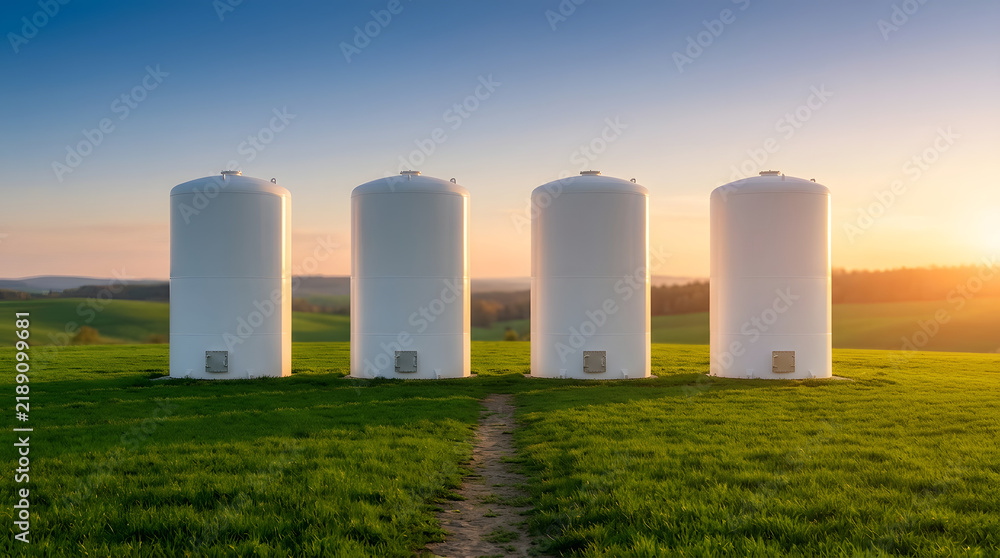 Fototapeta premium Four white industrial storage tanks standing in a green field at sunset with horizon