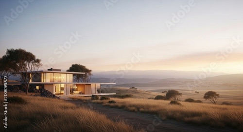 Modern architectural home nestled in a scenic landscape during golden hour sunset.