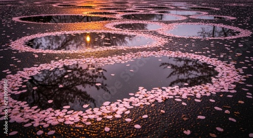 Pink Petals Floating in Puddles Reflecting Sunset and Trees.