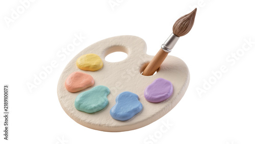 Artist s wooden palette with colorful paint blobs and brush, isolated on transparent background