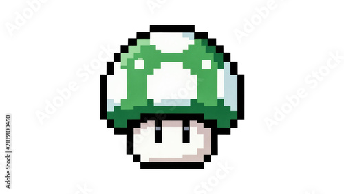 Pixelated green mushroom power-up from video games, isolated on transparent background
