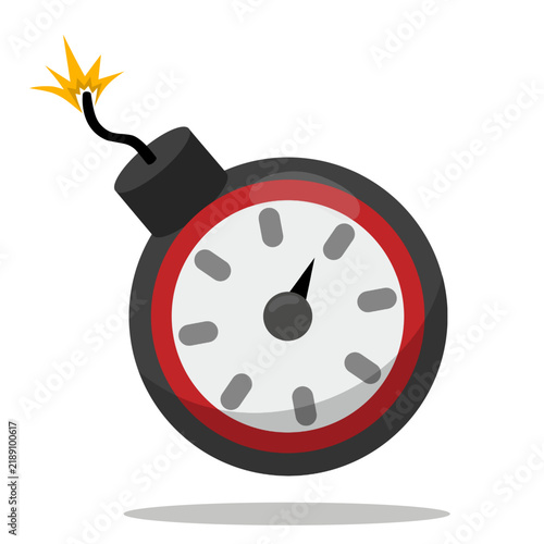 Flat design vector illustration of a round time bomb with an analog clock timer and a lit fuse, isolated on white background.
