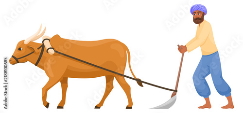 Foto Indian man ploughing. Cartoon bull rural agriculture
